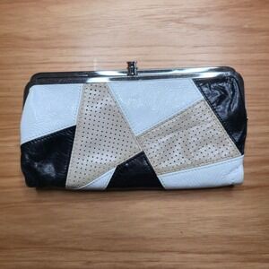 Hobo International Lauren Clutch Wallet Black White Tan Patchwork Leather READ
